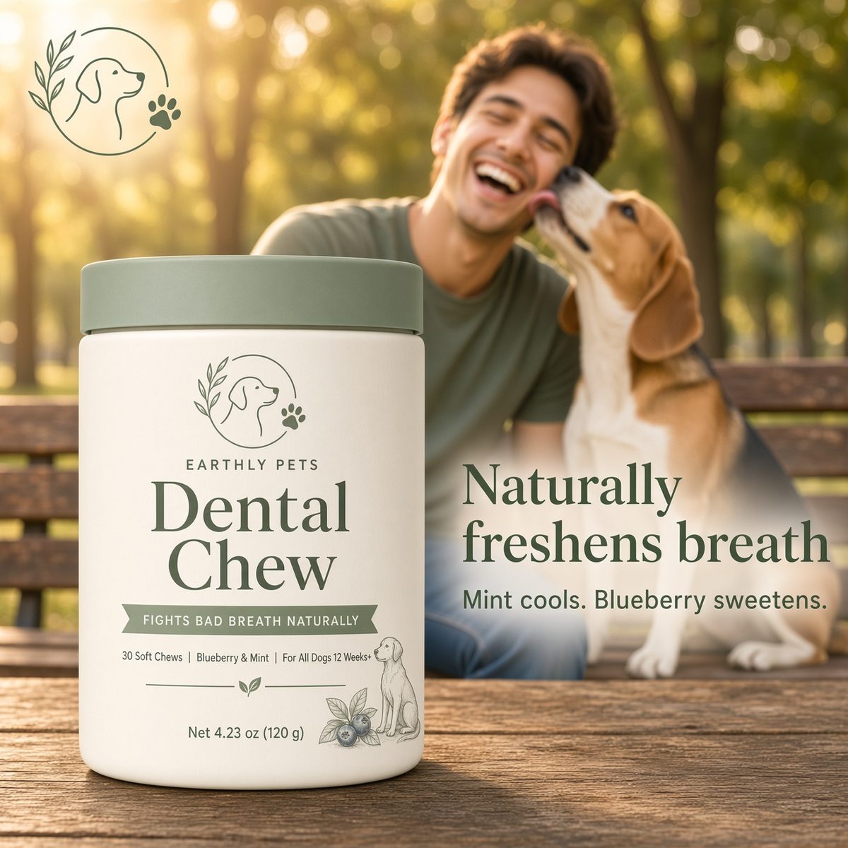 Naturally freshens breath. Mint cools, blueberry sweetens. A man being licked by a beagle on a park bench.