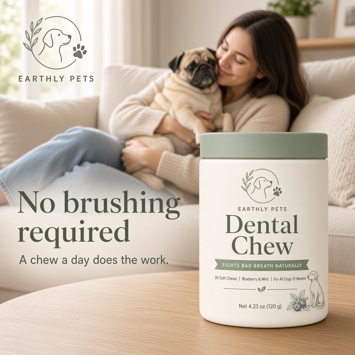 No brushing required. A chew a day does the work. A woman on a sofa with a pug beside a tub of Earthly Pets Dental Chews.