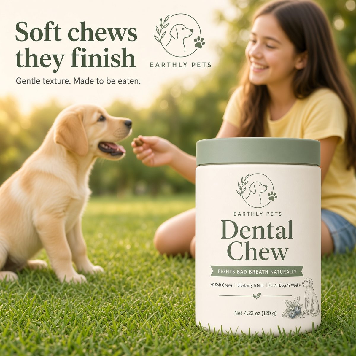 Soft chews they finish. Gentle texture, made to be eaten. A girl offering a chew to a labrador puppy on grass.