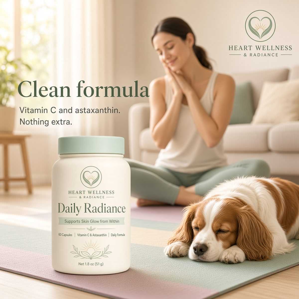 Clean formula. Vitamin C and astaxanthin, nothing extra. A woman sitting on a yoga mat with a spaniel resting beside her.