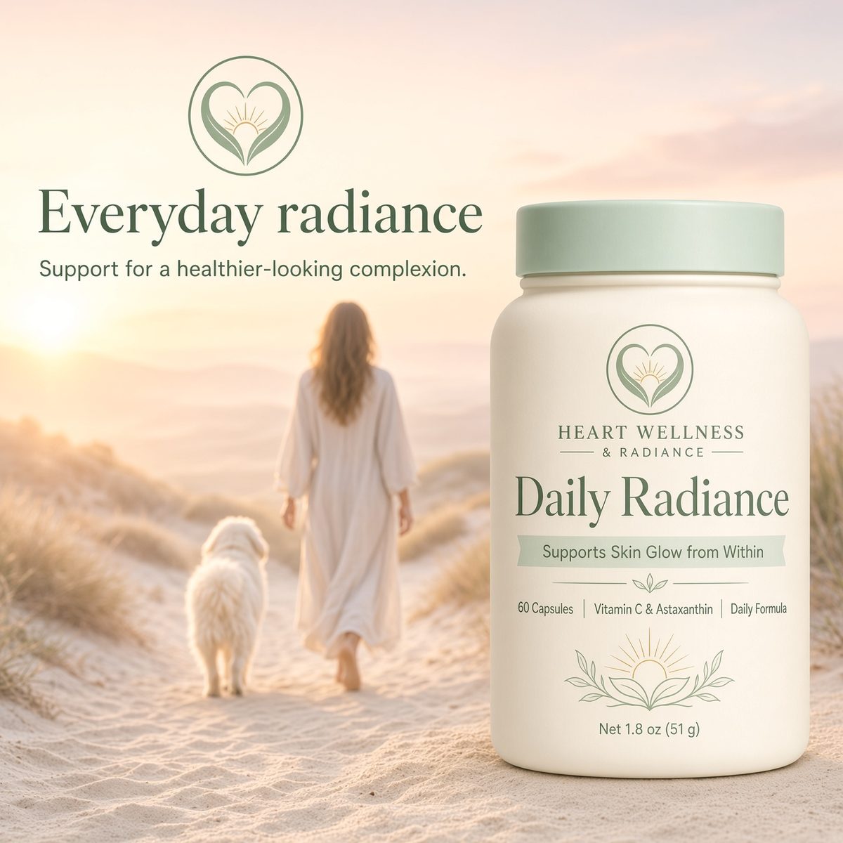 Everyday radiance. Support for a healthier-looking complexion. A woman walking a white dog through dunes at sunrise.