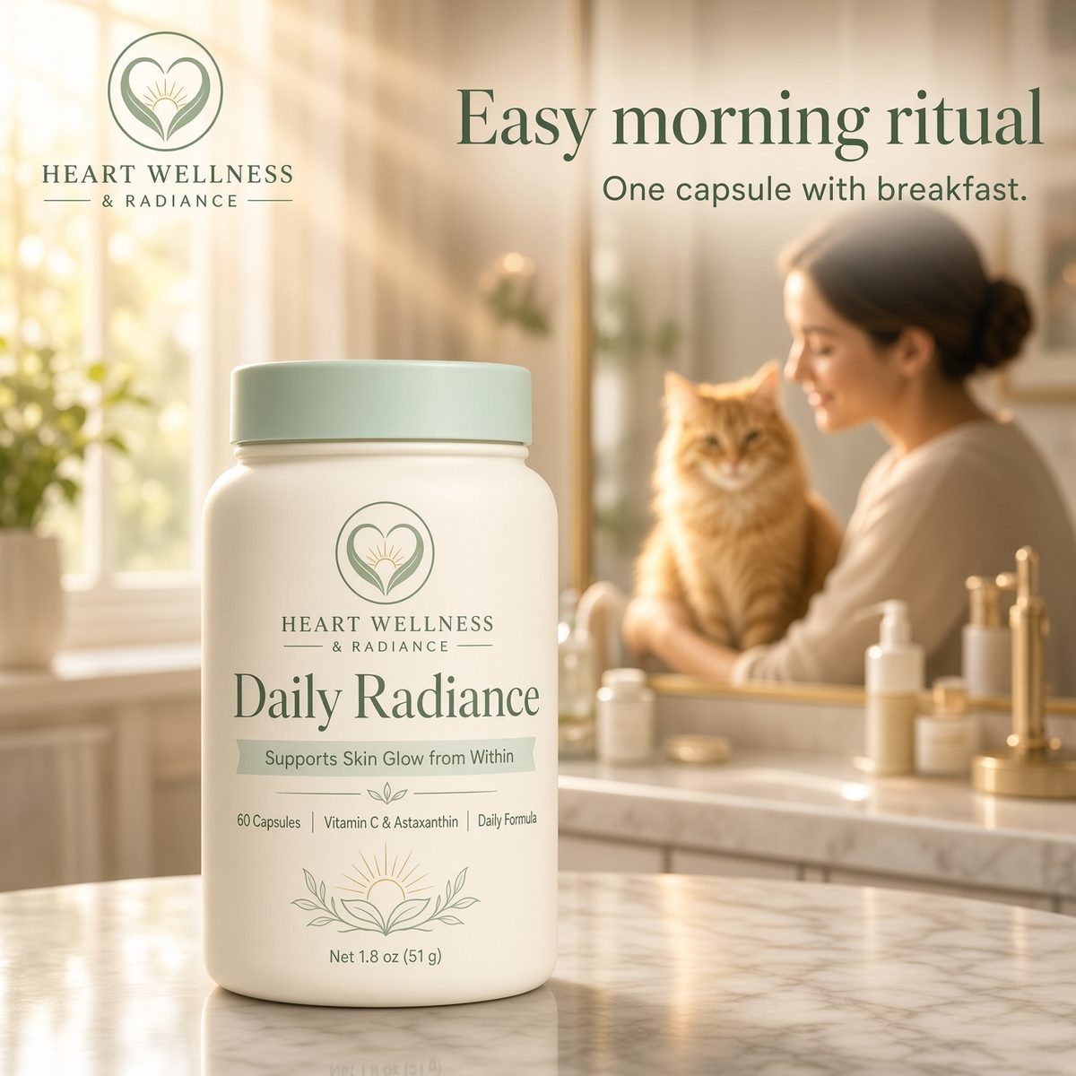Easy morning ritual. One capsule with breakfast. A woman in a bathroom with a ginger cat beside the Daily Radiance bottle.