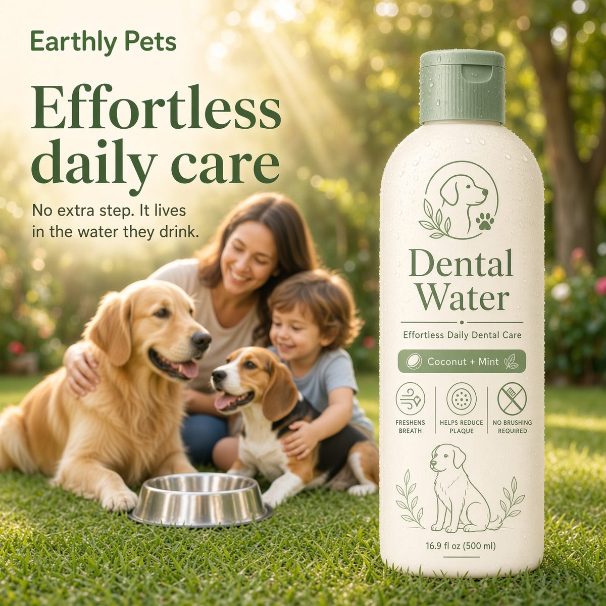Effortless daily care. No extra step, it lives in the water they drink. A family in a garden with a retriever and a beagle.