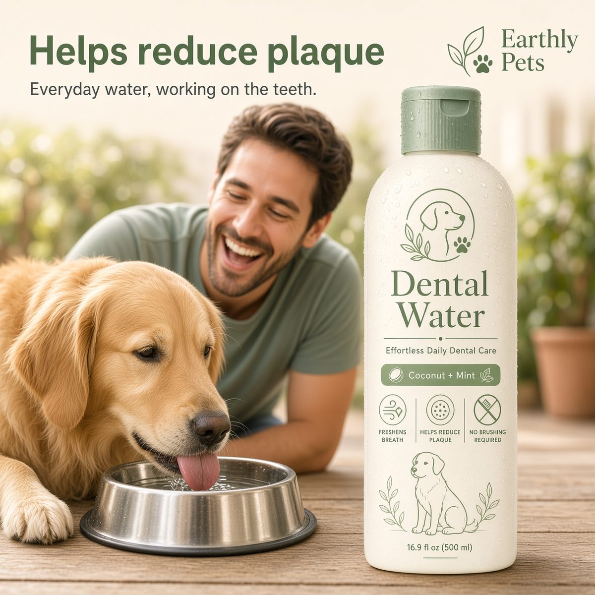 Helps reduce plaque. Everyday water, working on the teeth. A golden retriever drinking from a bowl beside a smiling man.
