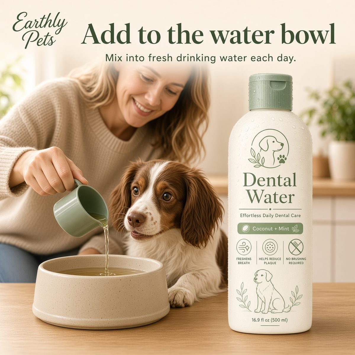 Add to the water bowl. Mix into fresh drinking water each day. A woman pouring a measure into a bowl beside a spaniel.