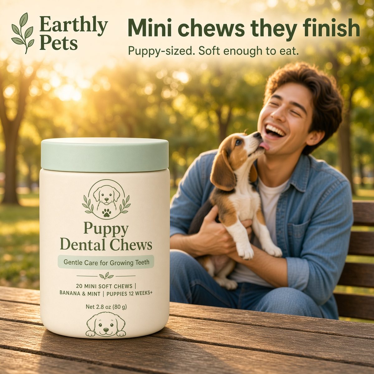 Mini chews they finish. Puppy-sized and soft enough to eat. A man being licked by a beagle puppy on a park bench.