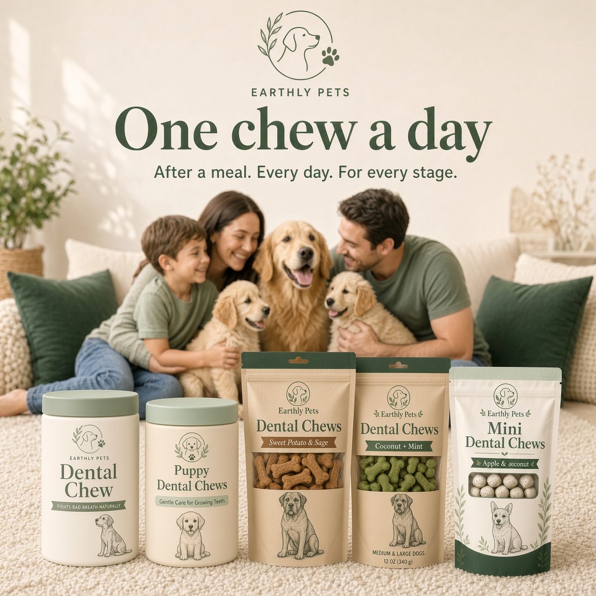 One chew a day. After a meal, every day, for every stage. A family on a sofa with a golden retriever and two puppies.