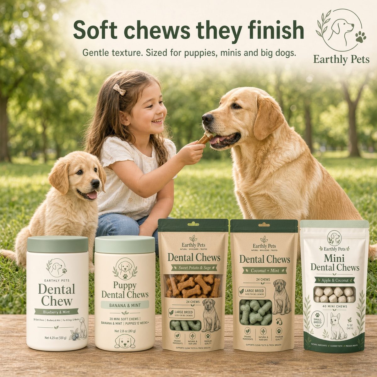 Soft chews they finish. Gentle texture, sized for puppies, minis and big dogs. A girl feeding a chew to a labrador in a park.