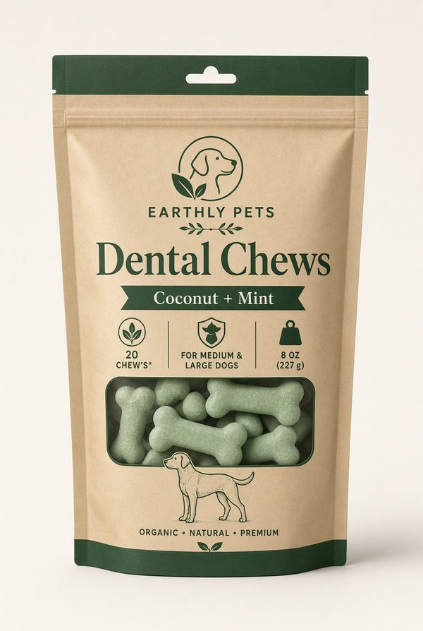 227g bag of Earthly Pets Dental Chews in coconut and mint, 20 chews