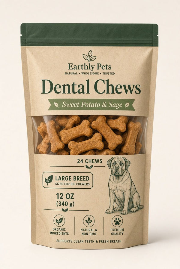 340g bag of Earthly Pets Dental Chews in sweet potato and sage, 24 large-breed chews
