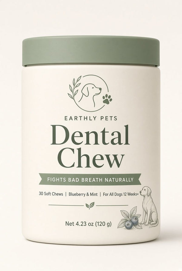Tub of Earthly Pets Dental Chews, 30 soft chews in blueberry and mint