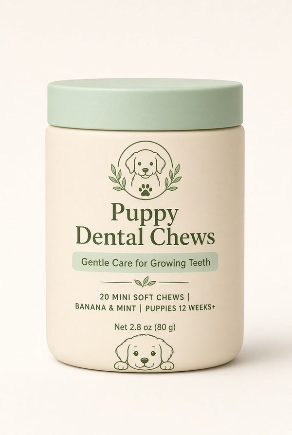 Tub of Earthly Pets Puppy Dental Chews, 20 mini soft chews in banana and mint