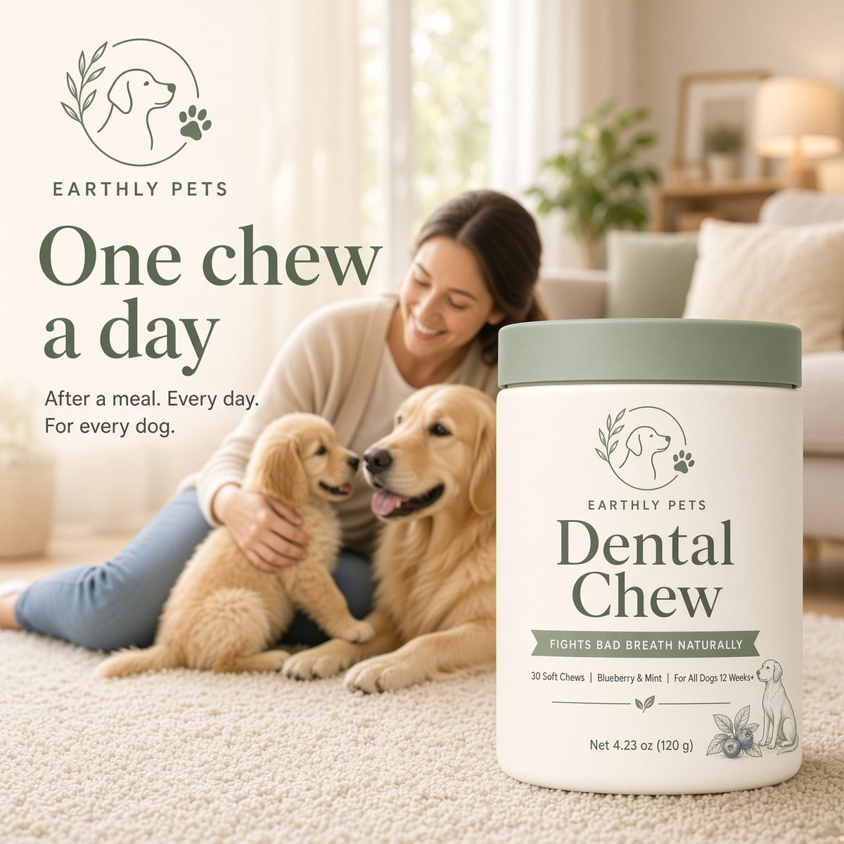 One chew a day. After a meal, every day, for every dog. A woman sitting with a golden retriever and puppy.