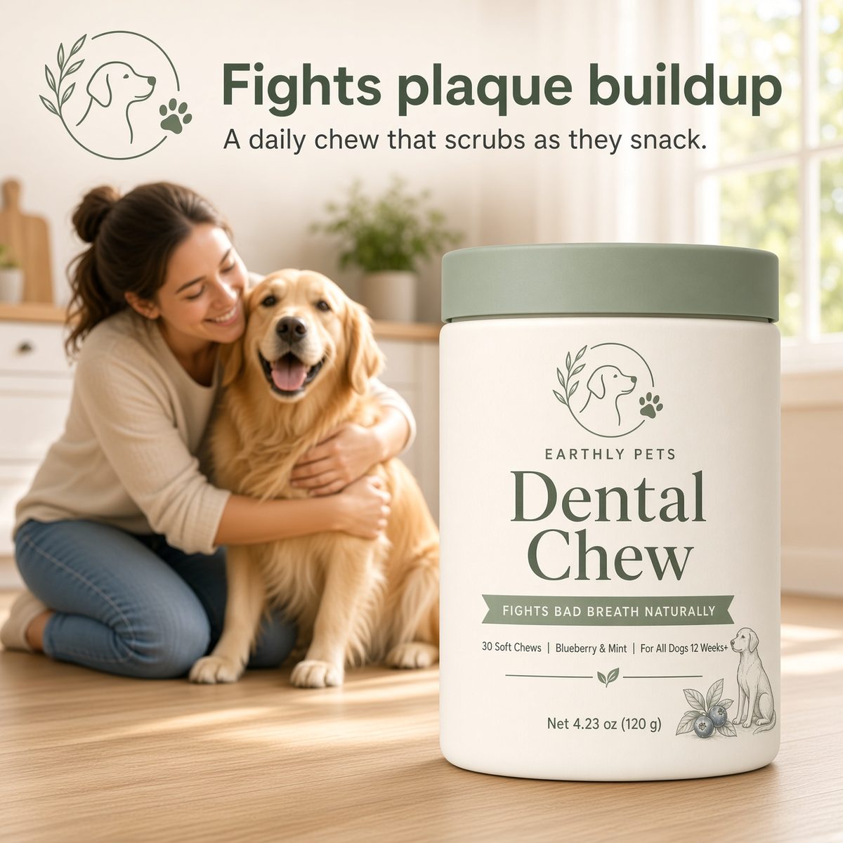 Fights plaque buildup. A daily chew that scrubs as they snack. A woman hugging a golden retriever in a kitchen.