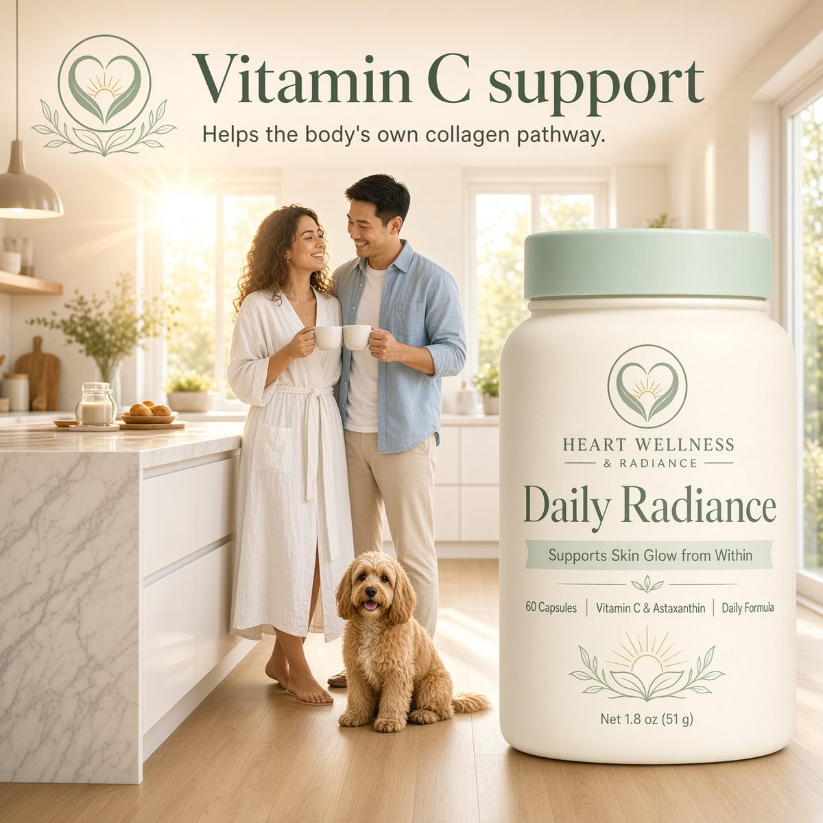 Vitamin C support, helping the body's own collagen pathway. A couple in a kitchen with a cockapoo at their feet.