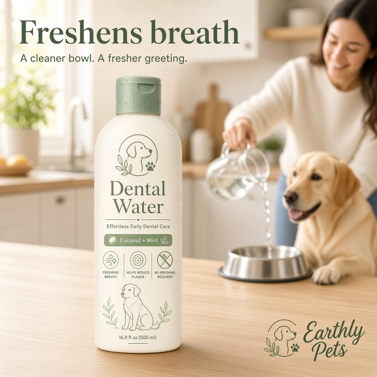 Freshens breath. A cleaner bowl, a fresher greeting. A woman pouring water into a bowl for a labrador in a kitchen.