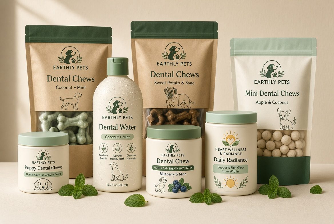 The Earthly Pets range — Dental Chews, Puppy Dental Chews, Dental Water, Mini Dental Chews and Daily Radiance, arranged with fresh mint leaves.