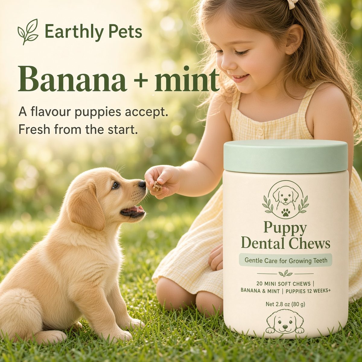 Banana and mint. A flavour puppies accept, fresh from the start. A girl offering a mini chew to a labrador puppy.