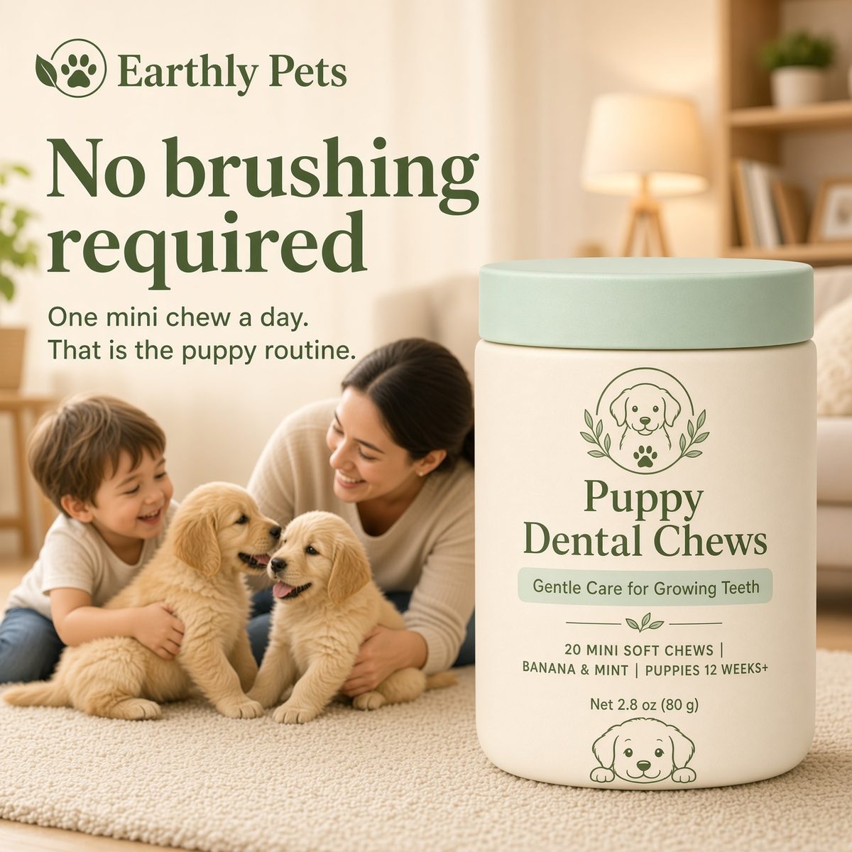 No brushing required. One mini chew a day is the puppy routine. A family playing with two golden retriever puppies.