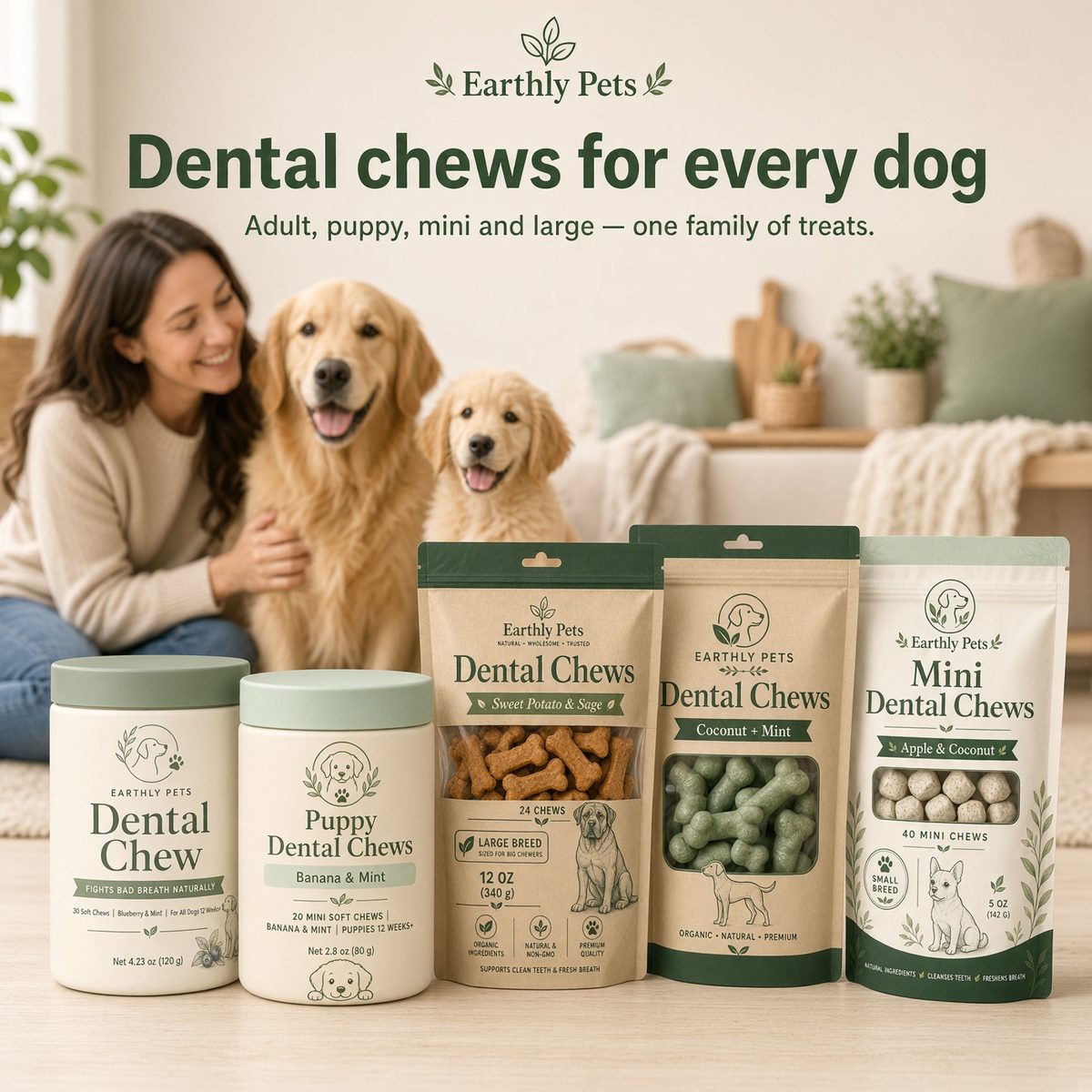 Dental chews for every dog. Adult, puppy, mini and large — one family of treats. A woman with a golden retriever and puppy beside the full range.