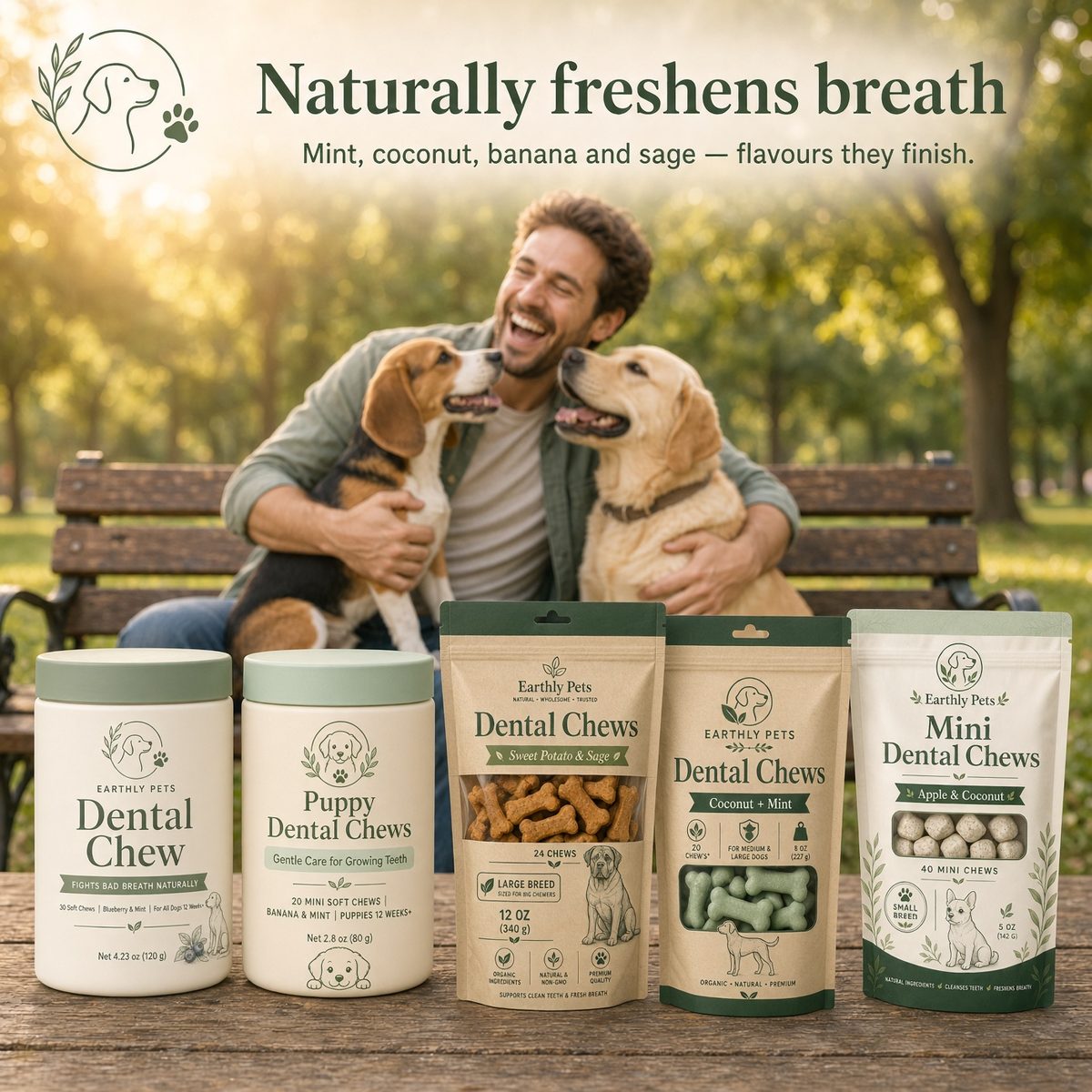 Naturally freshens breath. Mint, coconut, banana and sage — flavours they finish. A man on a bench with a beagle and a labrador.