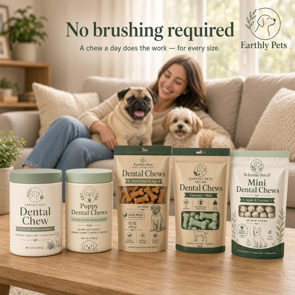 No brushing required. A chew a day does the work, for every size. A woman on a sofa with a pug and a small cross-breed.